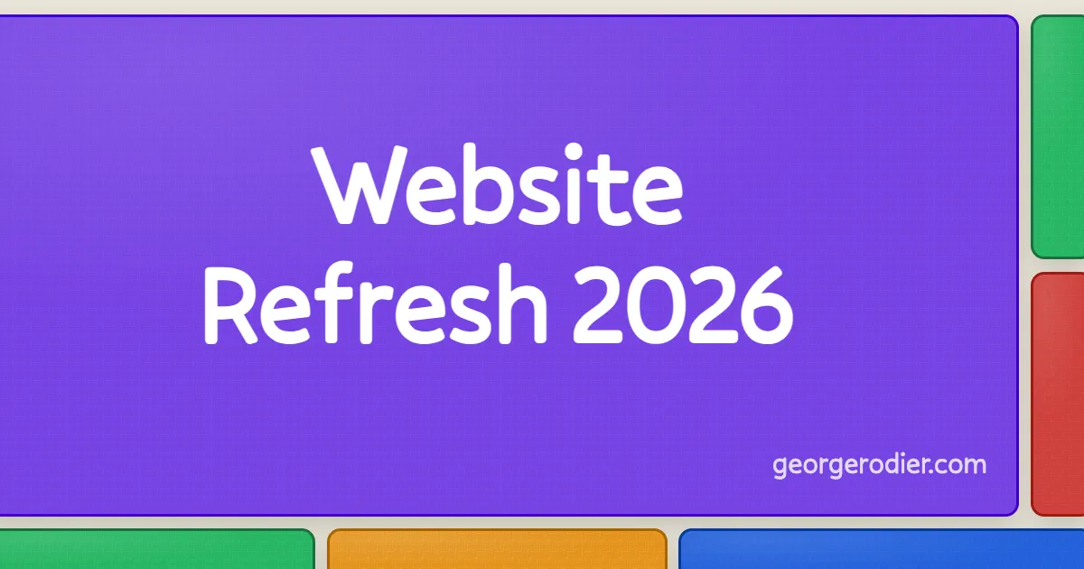 An example of a social card used to share the article on social media. It has the same bento style layout as the homepage of the site, but with the hero tile emphasized. The title in the hero tile says "Website Refresh 2026"